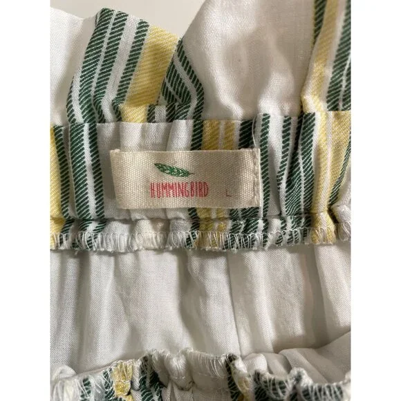 Hummingbird Paper Bag Shorts Lined Tie Waist Green Yellow Striped Womens Size L - Picture 8 of 10